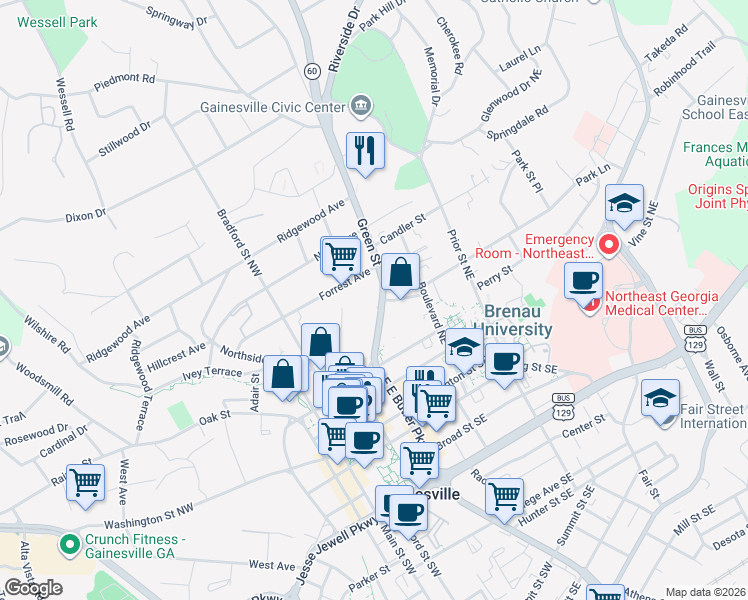 map of restaurants, bars, coffee shops, grocery stores, and more near 411 Green Street in Gainesville