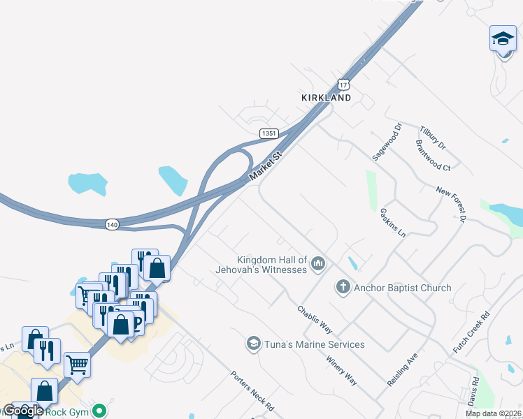 map of restaurants, bars, coffee shops, grocery stores, and more near 104 Futch Creek Road in Wilmington