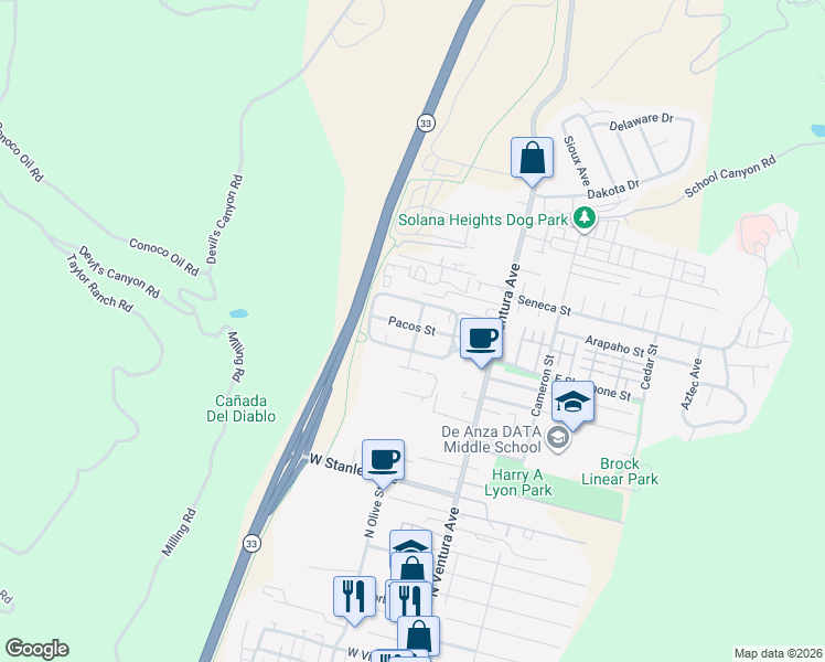 map of restaurants, bars, coffee shops, grocery stores, and more near 2374 Taos Avenue in Ventura