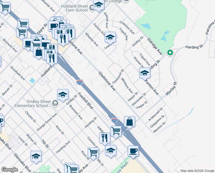 map of restaurants, bars, coffee shops, grocery stores, and more near 12923 Gladstone Avenue in Los Angeles