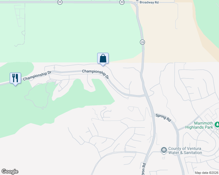 map of restaurants, bars, coffee shops, grocery stores, and more near 12390 Nelson Road in Moorpark