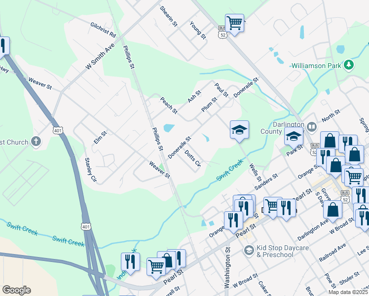 map of restaurants, bars, coffee shops, grocery stores, and more near 345 Doneraile Street in Darlington