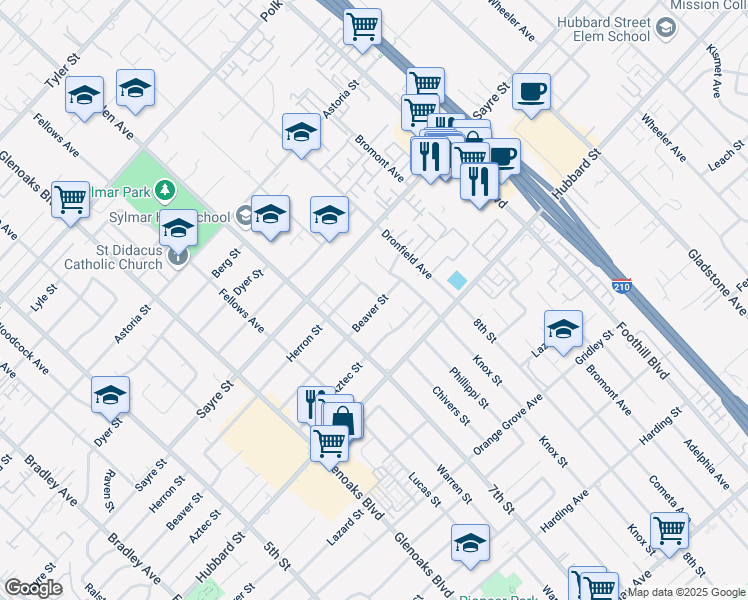 map of restaurants, bars, coffee shops, grocery stores, and more near 13935 Beaver Street in Los Angeles
