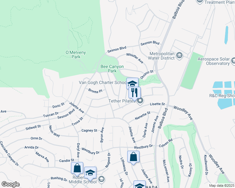 map of restaurants, bars, coffee shops, grocery stores, and more near 12910 Winthrop Avenue in Los Angeles