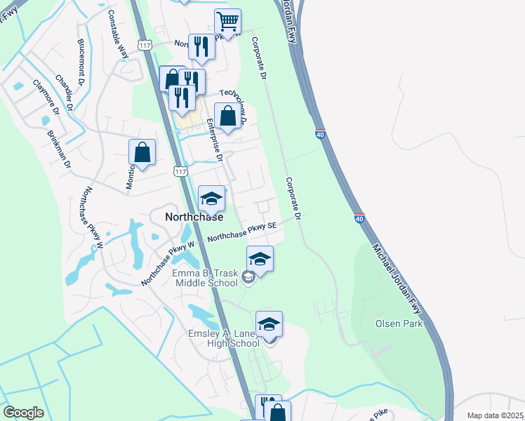 map of restaurants, bars, coffee shops, grocery stores, and more near 2630 Northchase Parkway Southeast in Wilmington