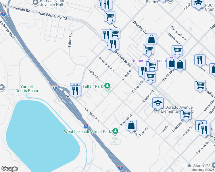 map of restaurants, bars, coffee shops, grocery stores, and more near 12926 Telfair Avenue in Los Angeles