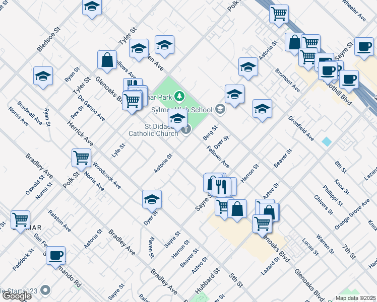 map of restaurants, bars, coffee shops, grocery stores, and more near 14297 Berg Street in Los Angeles