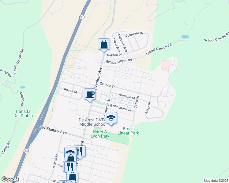 map of restaurants, bars, coffee shops, grocery stores, and more near 207 Arapaho Street in Ventura
