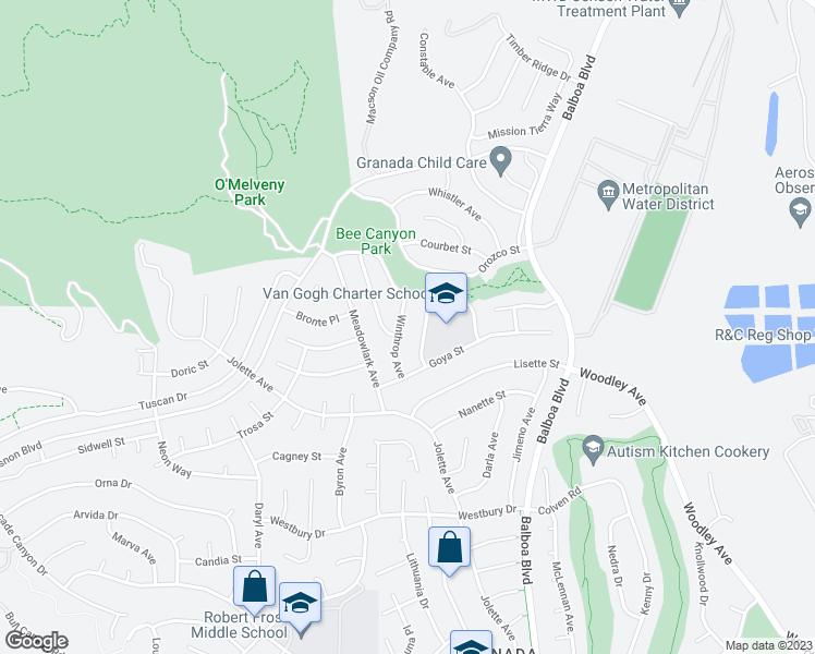 map of restaurants, bars, coffee shops, grocery stores, and more near 12910 Winthrop Avenue in Los Angeles