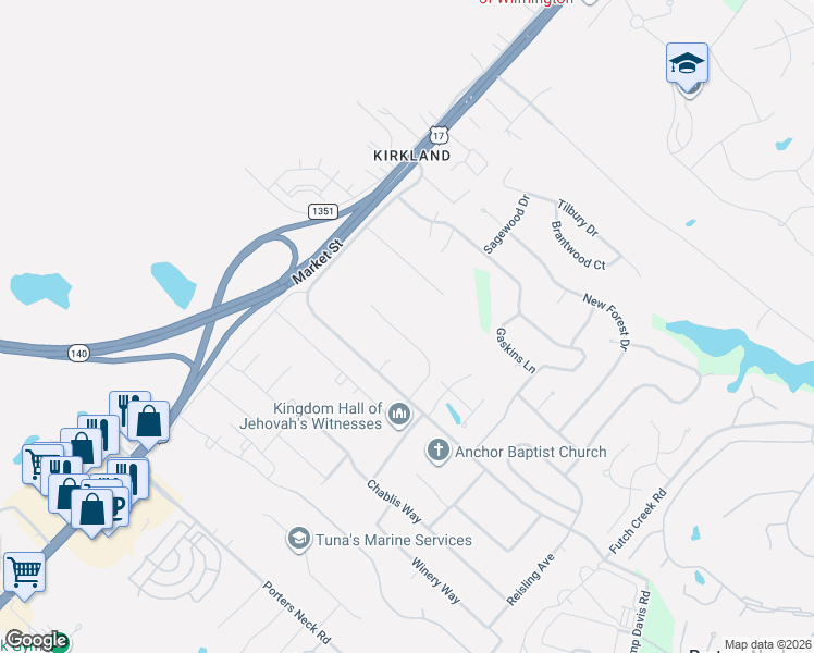 map of restaurants, bars, coffee shops, grocery stores, and more near 8658 Grayson Park Drive in Wilmington