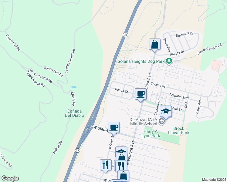 map of restaurants, bars, coffee shops, grocery stores, and more near 314 Pacos Street in Ventura
