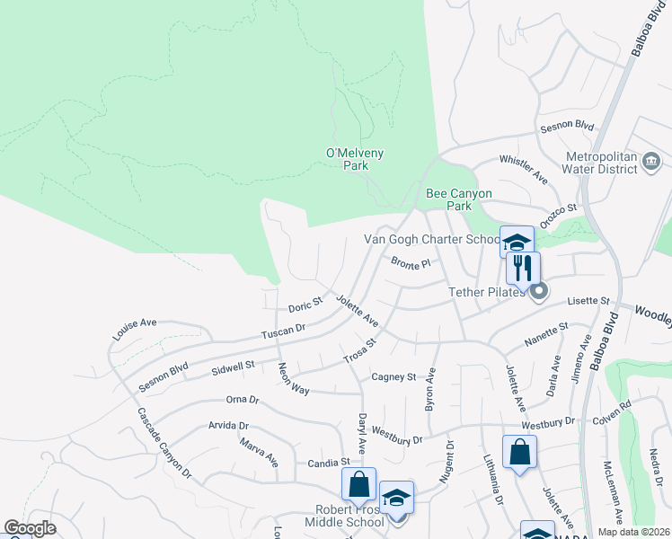 map of restaurants, bars, coffee shops, grocery stores, and more near 17471 Doric Street in Los Angeles