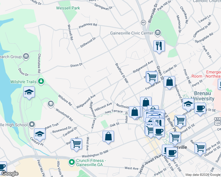 map of restaurants, bars, coffee shops, grocery stores, and more near 601 Ridgewood Avenue in Gainesville