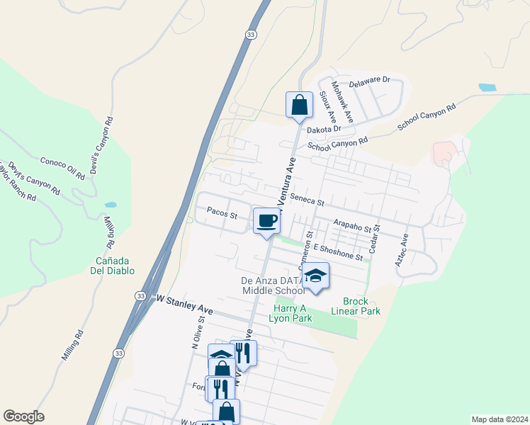 map of restaurants, bars, coffee shops, grocery stores, and more near 2410 Kipana Avenue in Ventura