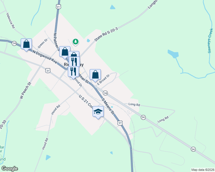 map of restaurants, bars, coffee shops, grocery stores, and more near 105 East Broad Street in Ridgeway