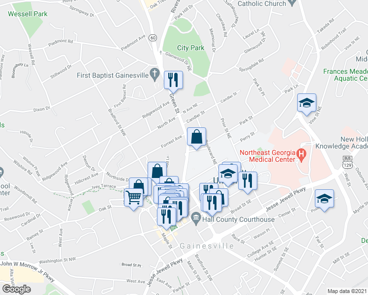 map of restaurants, bars, coffee shops, grocery stores, and more near 411 Green Street in Gainesville