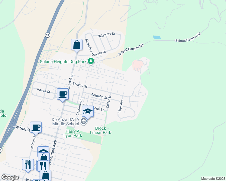 map of restaurants, bars, coffee shops, grocery stores, and more near 2528 Cedar Street in Ventura