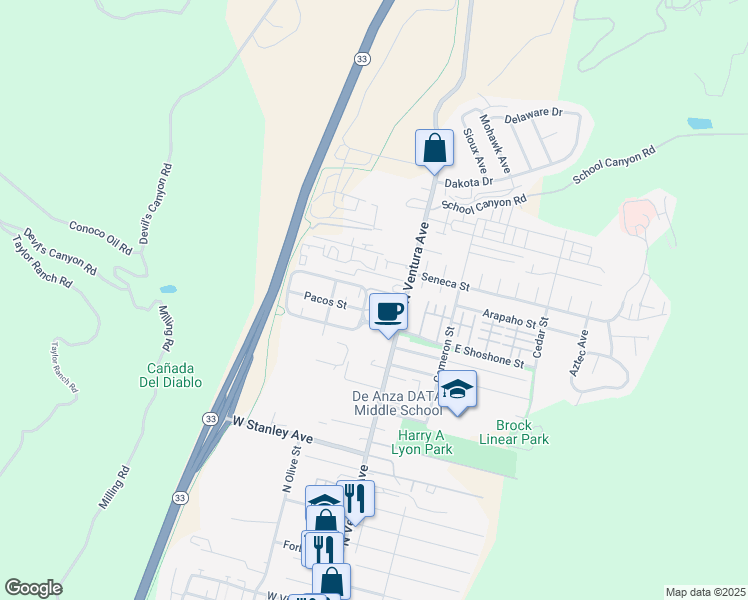 map of restaurants, bars, coffee shops, grocery stores, and more near 2334 Kipana Avenue in Ventura
