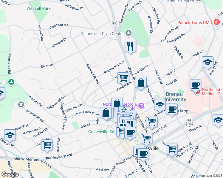 map of restaurants, bars, coffee shops, grocery stores, and more near 396 Forrest Avenue in Gainesville