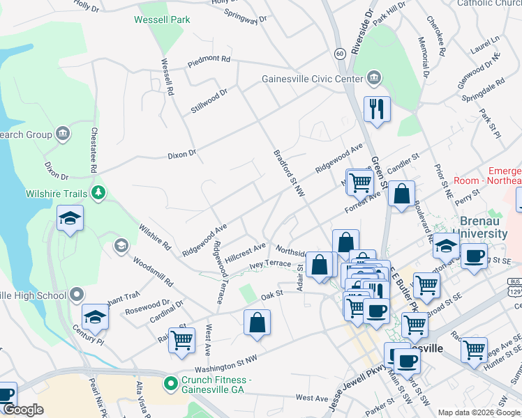 map of restaurants, bars, coffee shops, grocery stores, and more near 601 Ridgewood Avenue in Gainesville