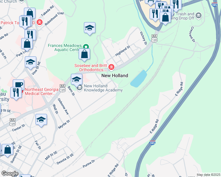 map of restaurants, bars, coffee shops, grocery stores, and more near 13 Myrtle Street in Gainesville