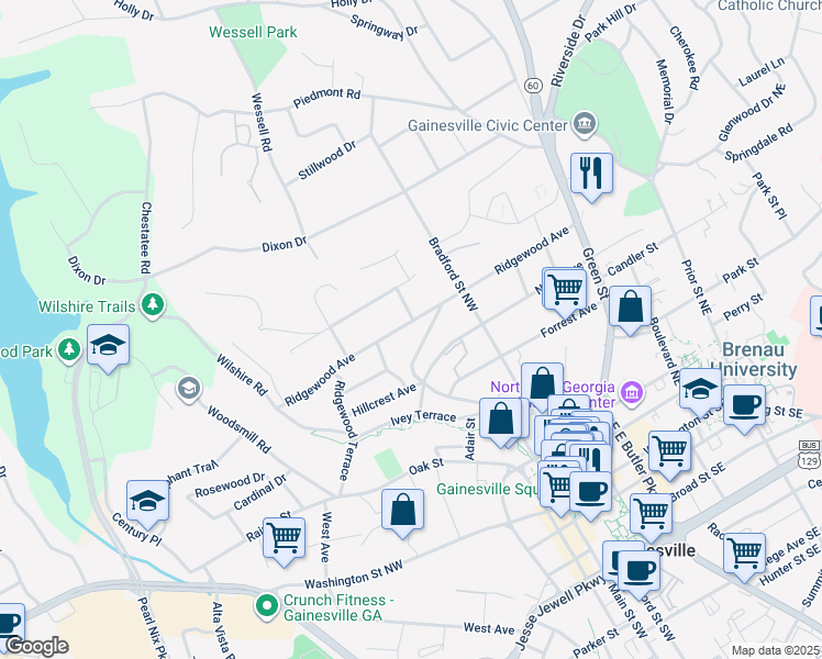 map of restaurants, bars, coffee shops, grocery stores, and more near 601 Ridgewood Avenue in Gainesville