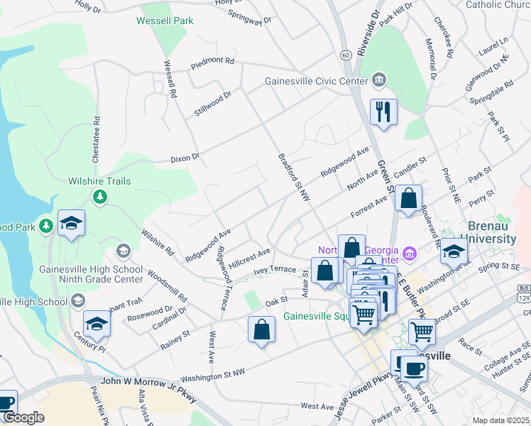 map of restaurants, bars, coffee shops, grocery stores, and more near 601 Ridgewood Avenue in Gainesville