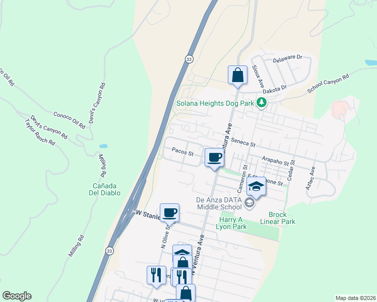 map of restaurants, bars, coffee shops, grocery stores, and more near 2374 Taos Avenue in Ventura