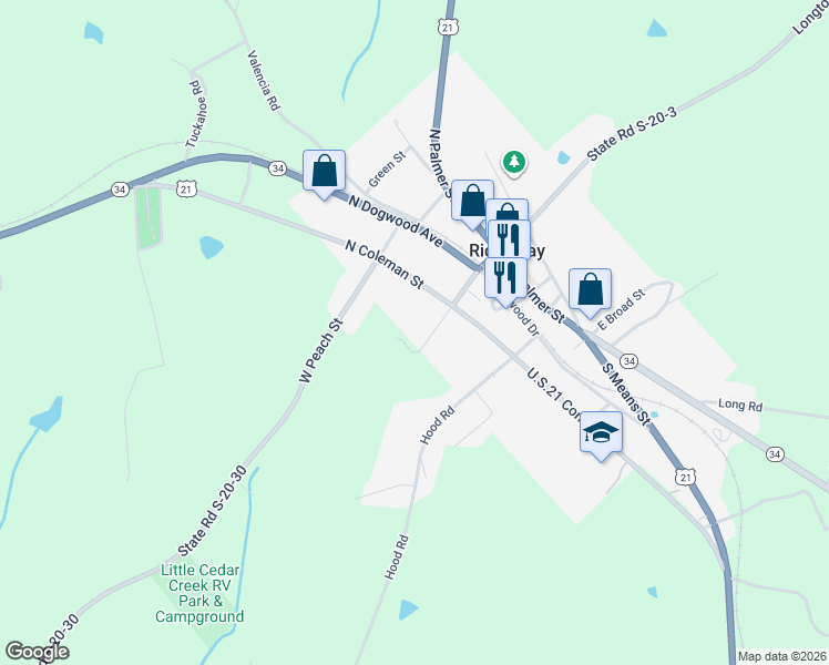 map of restaurants, bars, coffee shops, grocery stores, and more near 355 West Church Street in Ridgeway