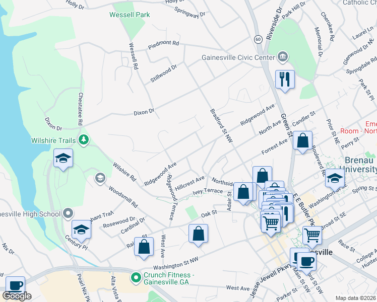 map of restaurants, bars, coffee shops, grocery stores, and more near 640 Ridgewood Avenue in Gainesville