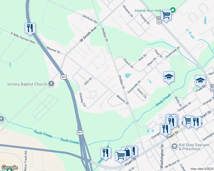 map of restaurants, bars, coffee shops, grocery stores, and more near 520 Weaver Street in Darlington