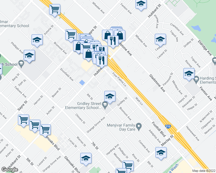 map of restaurants, bars, coffee shops, grocery stores, and more near 12888 Adelphia Avenue in San Fernando