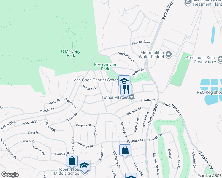 map of restaurants, bars, coffee shops, grocery stores, and more near 12910 Winthrop Avenue in Los Angeles