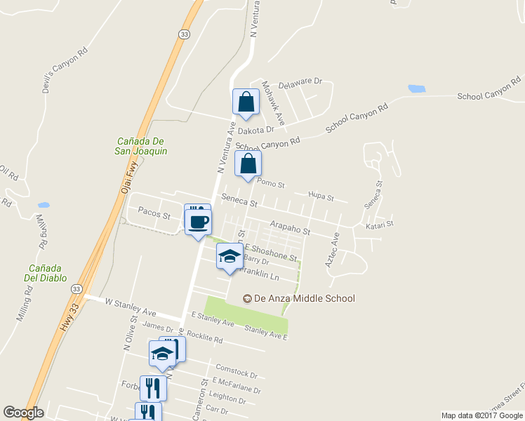 map of restaurants, bars, coffee shops, grocery stores, and more near 236 Seneca Street in Ventura