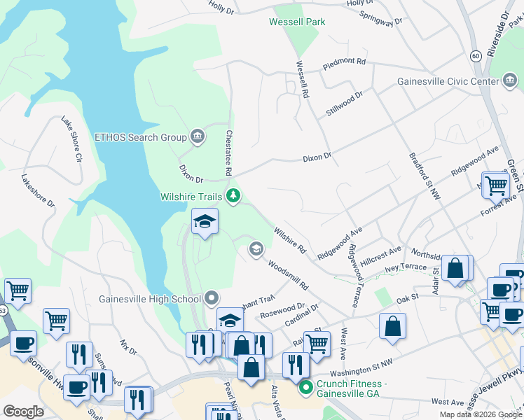 map of restaurants, bars, coffee shops, grocery stores, and more near 788 Wilshire Road in Gainesville