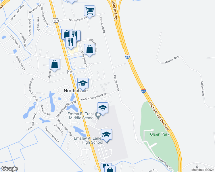 map of restaurants, bars, coffee shops, grocery stores, and more near 2630 Northchase Parkway Southeast in Wilmington