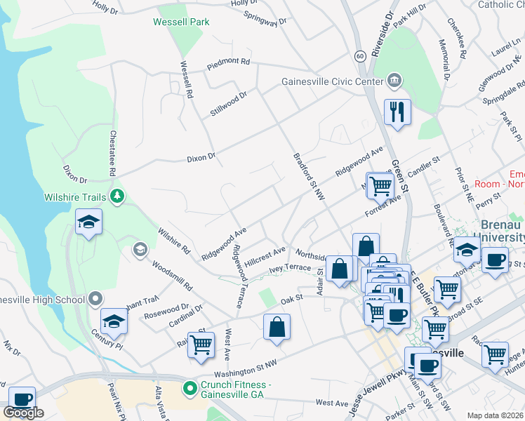 map of restaurants, bars, coffee shops, grocery stores, and more near 640 Ridgewood Avenue in Gainesville