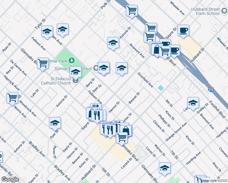 map of restaurants, bars, coffee shops, grocery stores, and more near 12936 Borden Avenue in Los Angeles