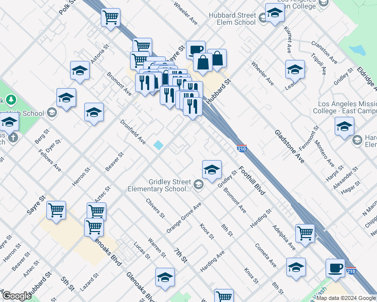 map of restaurants, bars, coffee shops, grocery stores, and more near 13664 Bombay Street in San Fernando