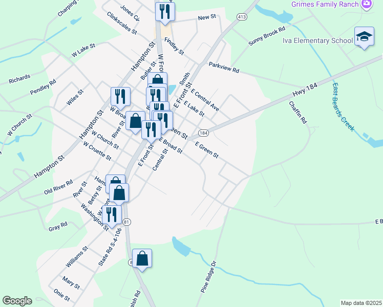 map of restaurants, bars, coffee shops, grocery stores, and more near 303 East Broad Street in Iva