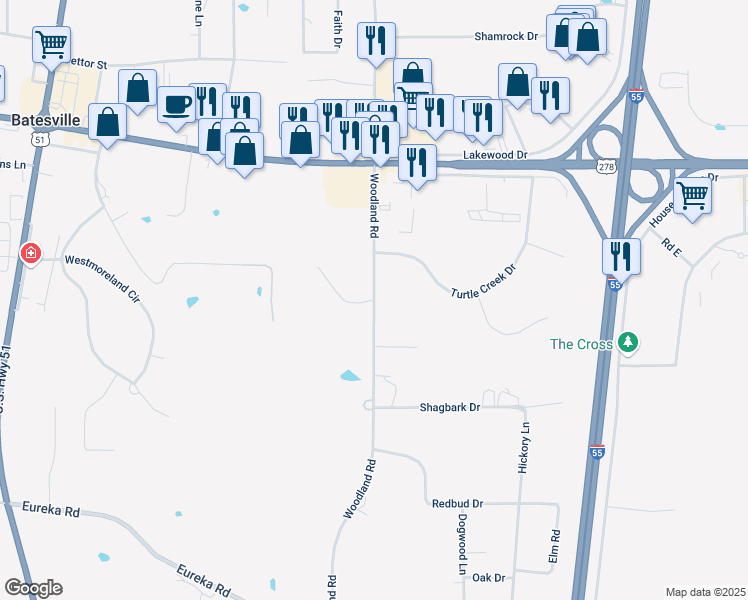 map of restaurants, bars, coffee shops, grocery stores, and more near 101 Maple Lane in Batesville
