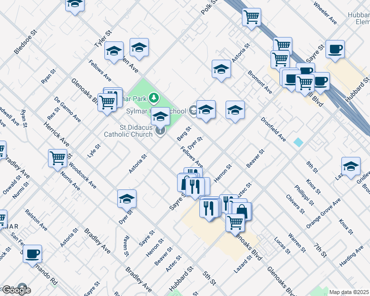 map of restaurants, bars, coffee shops, grocery stores, and more near 14217 Dyer Street in Los Angeles