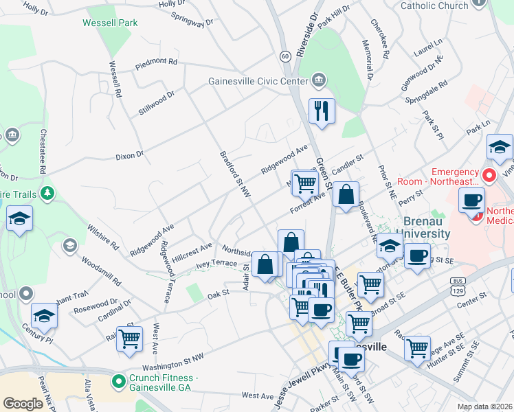 map of restaurants, bars, coffee shops, grocery stores, and more near 534 Bradford Street Northwest in Gainesville