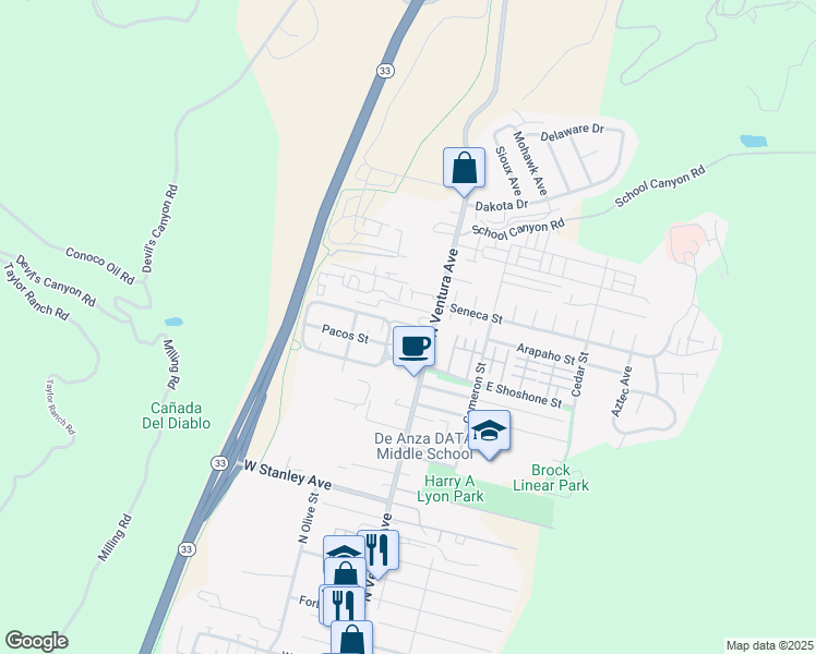 map of restaurants, bars, coffee shops, grocery stores, and more near 2334 Kipana Avenue in Ventura