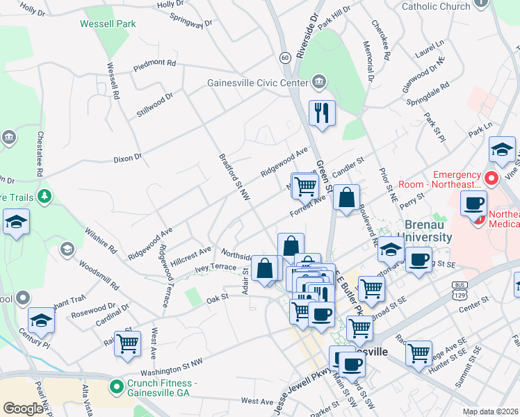map of restaurants, bars, coffee shops, grocery stores, and more near 534 Bradford Street Northwest in Gainesville