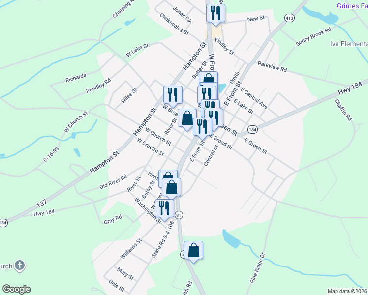 map of restaurants, bars, coffee shops, grocery stores, and more near 505 West Front Street in Iva