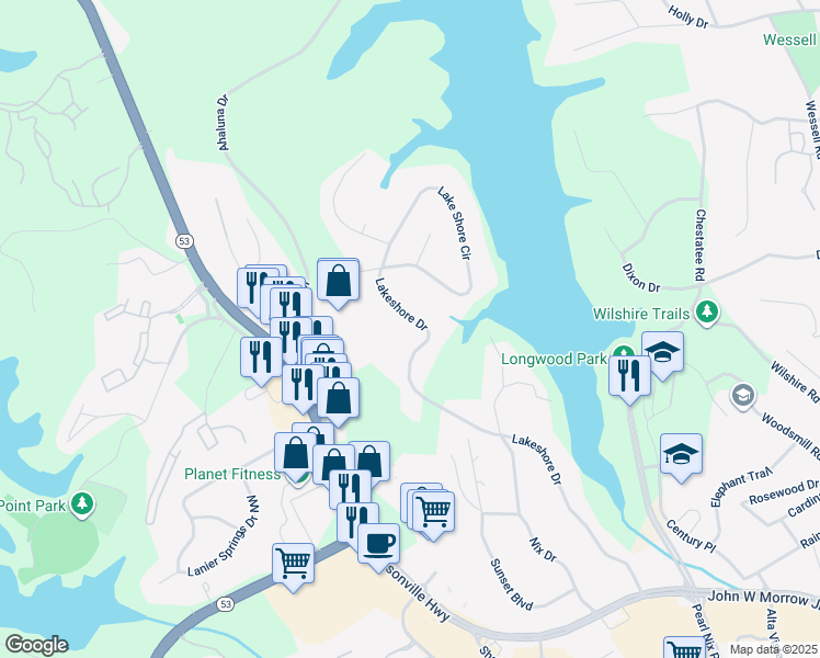 map of restaurants, bars, coffee shops, grocery stores, and more near 1131 Lakeshore Drive in Gainesville