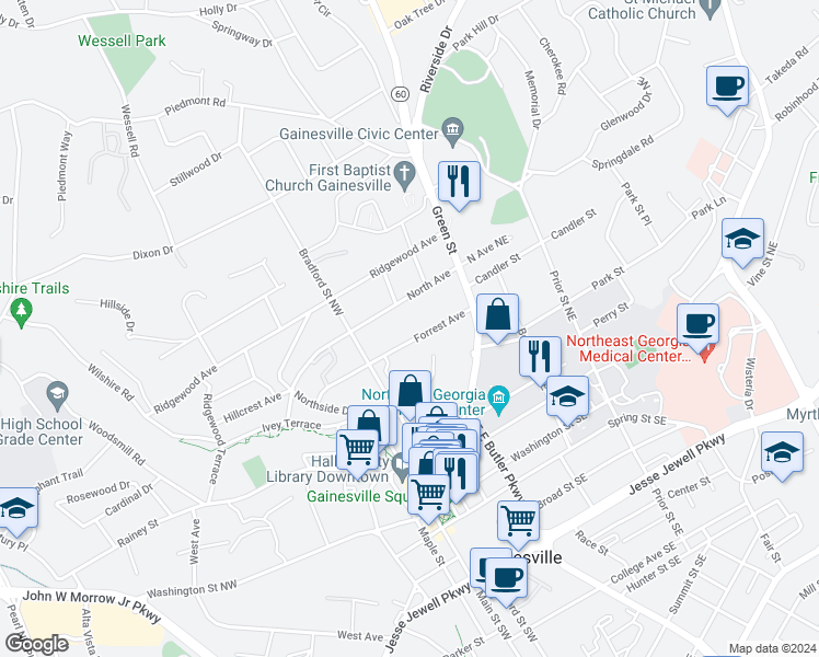 map of restaurants, bars, coffee shops, grocery stores, and more near 310 Forrest Avenue in Gainesville