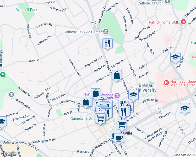 map of restaurants, bars, coffee shops, grocery stores, and more near 300 Forrest Avenue in Gainesville