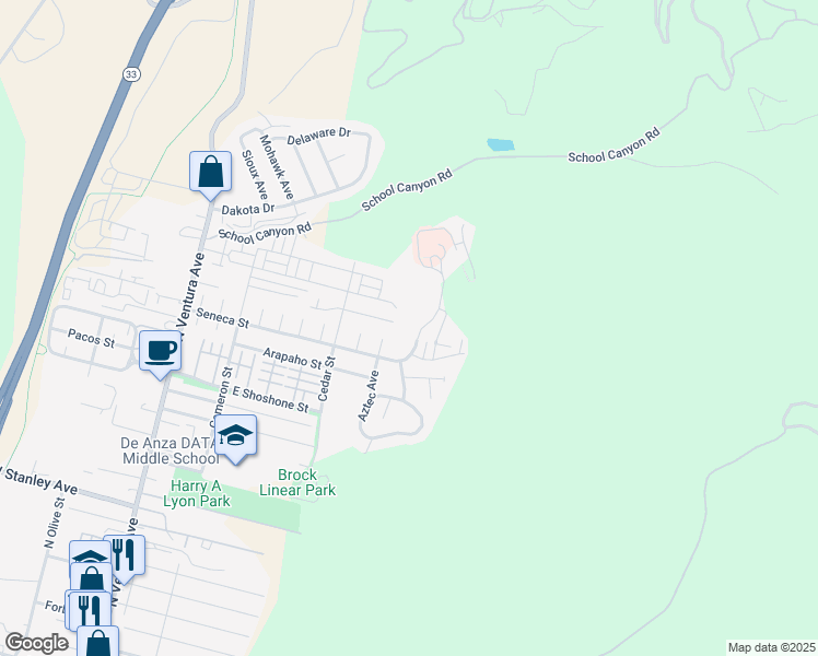 map of restaurants, bars, coffee shops, grocery stores, and more near 723 Seneca Street in Ventura